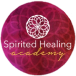 "Logo of Spirited Healing Academy with a geometric flower pattern on a purple background"