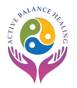 "Active Balance Healing logo with colorful yin-yang symbol cradled in hands"