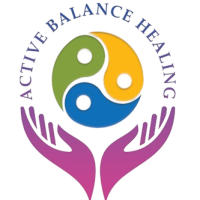 "Active Balance Healing logo with colorful yin-yang symbol cradled in hands"